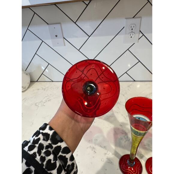 Pier 1 Fluted Champagne Glasses Set Red Blue Yellow Gold Swirls star Stemware x4 - Picture 7 of 8